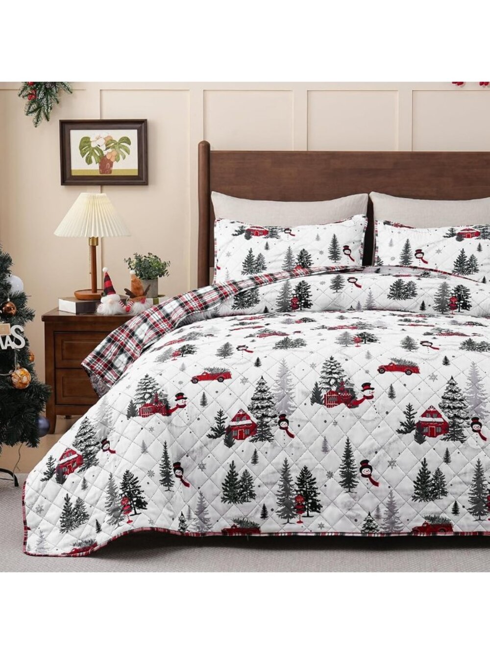 3 Piece Christmas Quilt Set Elegant King Size Bedspread Coverlet Lightweight